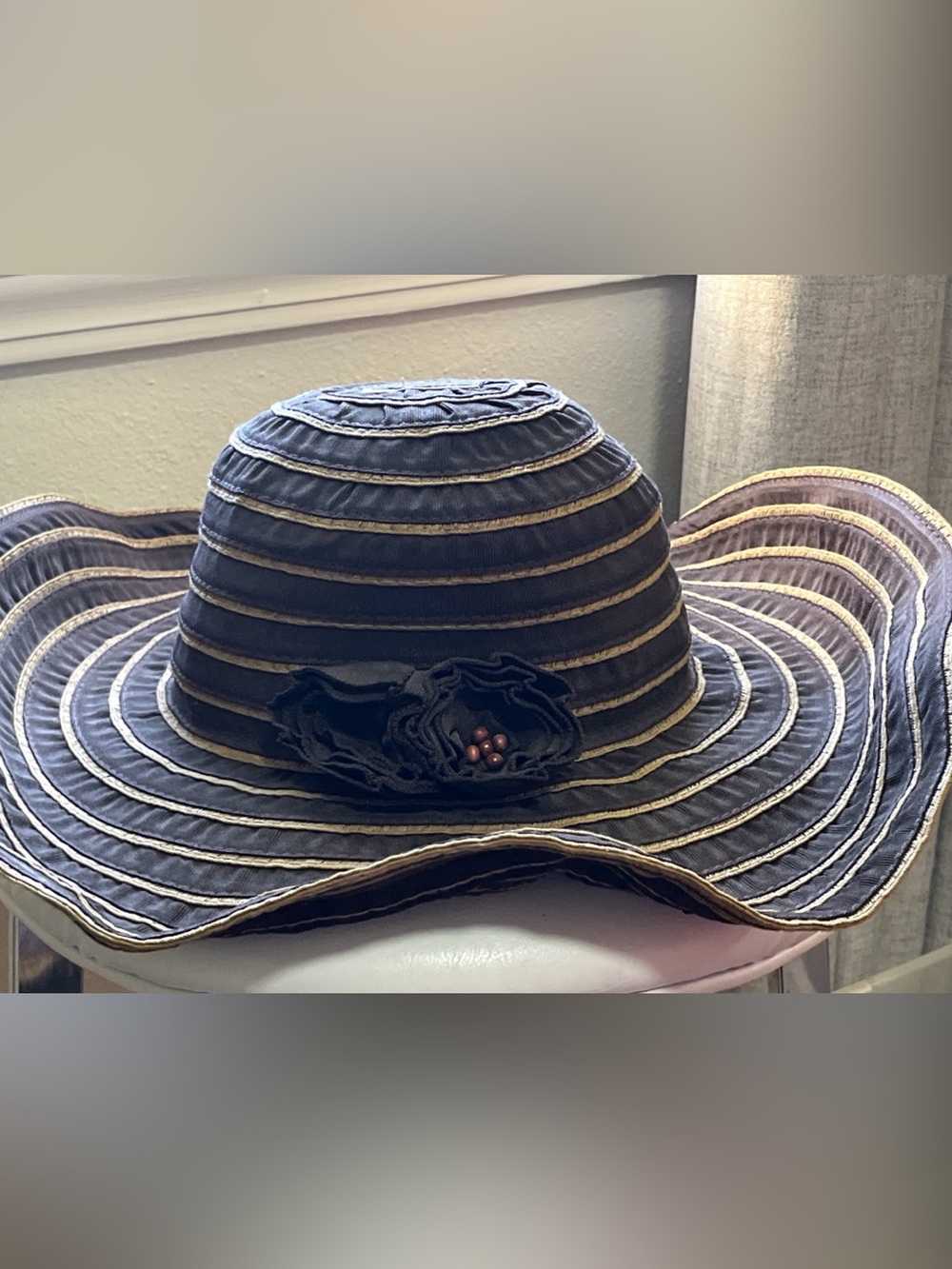 Peter Grimm Black Hat with Gold Trim and Flower Accent